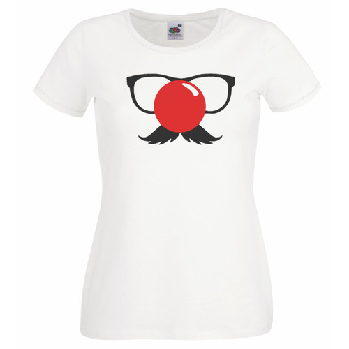Womens Red Nose Glasses Moustache Tache Design Lady Fit White T-Shirt