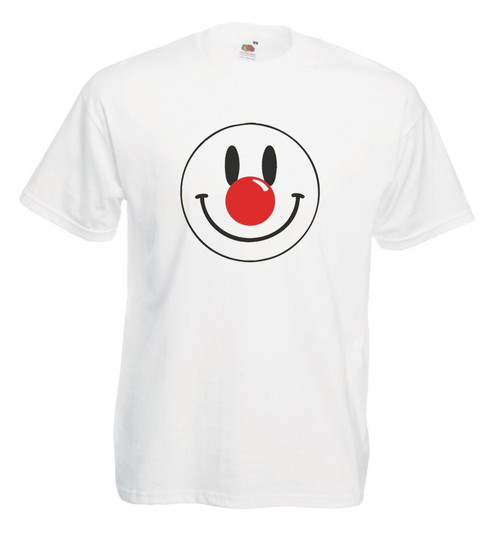 Mens Red Nose Happy Face 1980s Festival Unisex White T-Shirt Mens Red Nose Happy Face 1980s Festival Unisex White T-Shirt