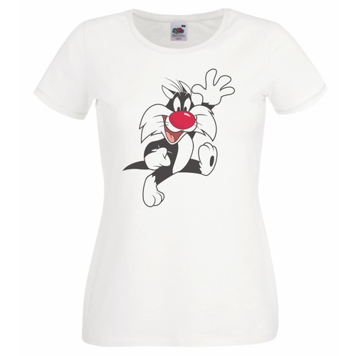 Womens Red Nose Cartoon Cat Animation Character Design Lady Fit White T-Shirt