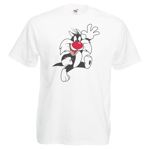 Adults Red Nose Cartoon Cat Funny Animated Feline Toon Unisex White T-Shirt