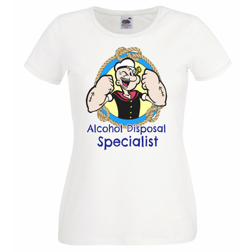 Womens Alcohol Disposal Specialist Funny Cartoon Sailor Man Lady Fit White T-Shirt