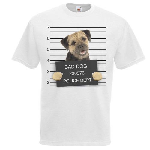 Adults Dog Mugshot Scruffy Boarder Terrier Criminal Canine Unisex White T-Shirt Adults Dog Mugshot Scruffy Boarder Terrier Criminal Canine Unisex White T-Shirt
