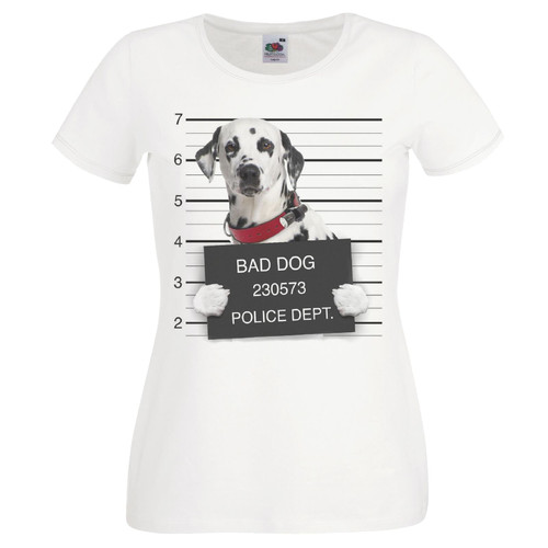 Womens Dog Mugshot Spotted Dalmatian Criminal Canine White Lady Fit T-Shirt