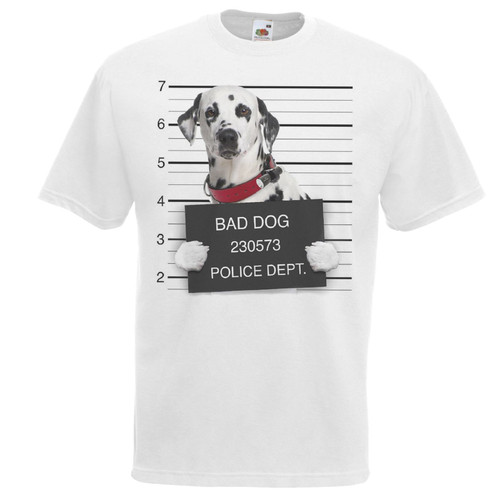 Adults Dog Mugshot Spotted Dalmatian Criminal Canine Unisex White T-Shirt Adults Dog Mugshot Spotted Dalmatian Criminal Canine Unisex White T-Shirt