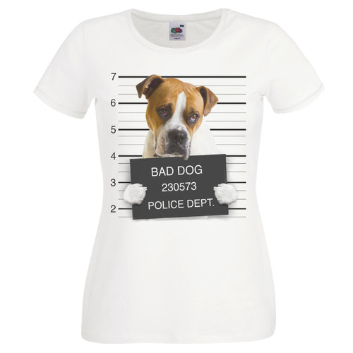 Womens Dog Mugshot American Johnsons Bulldog Criminal Canine White Lady Fit T-Shirt