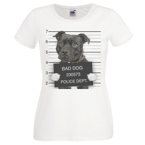 Womens Dog Mugshot Staffordshire Bull Terrier Criminal Canine White Lady Fit T-Shirt Womens Dog Mugshot Staffordshire Bull Terrier Criminal Canine White Lady Fit T-Shirt