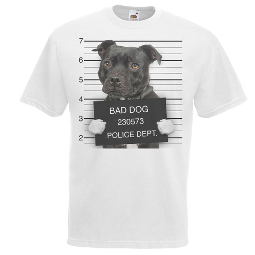Adults Dog Mugshot Staffordshire Bull Terrier Criminal Canine Unisex White T-Shirt