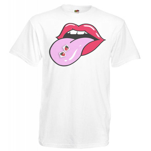 Adults LSD Strawberry Acid Double Drop Blotter Rave Unisex White T-Shirt Adults LSD Strawberry Acid Double Drop Blotter Rave Unisex White T-Shirt