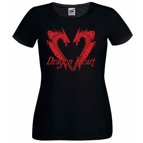 Womens Twin Dragons Red Heart Fantasy Mythical Medieval Black Lady Fit T-Shirt