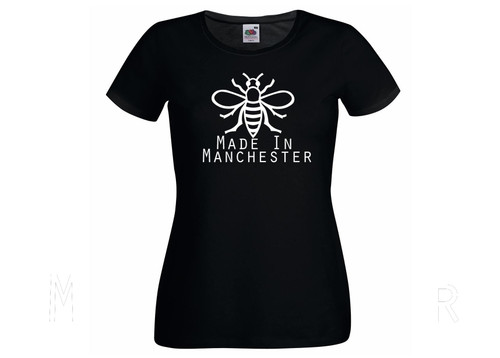 Womens Made in Manchester Mancunian Worker Bee Bumblebee Black Lady Fit T-Shirt