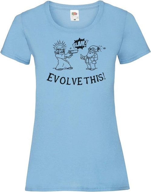 Womens Jesus Shooting Einstein Evolve This UFO Alien Movie Blue Lady Fit T-Shirt