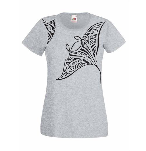 Womens Polynesian Tribal Tattoo Stingray Maori Grey Lady Fit T-Shirt