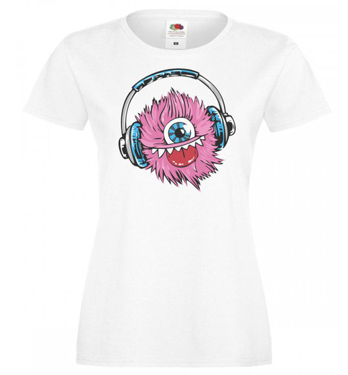 Womens One Eyed Pink Music Headphones Monster White Lady Fit T-Shirt