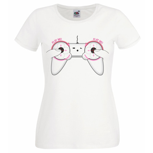 Womens Play Me Games Controller Funny Female Gamer White Lady Fit T-Shirt