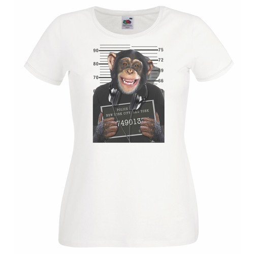 Womens New York Convict Bad Chimp Monkey Mug Shot White Lady Fit T-Shirt