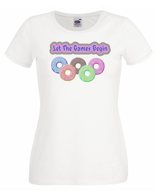 Womens Doughnut Rings Let The Games Begin Sports Joke White Lady Fit T-Shirt