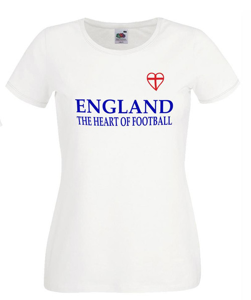Womens England The Heart of Football St George Cross Love Heart English Supporters Lady Fit White T-Shirt
