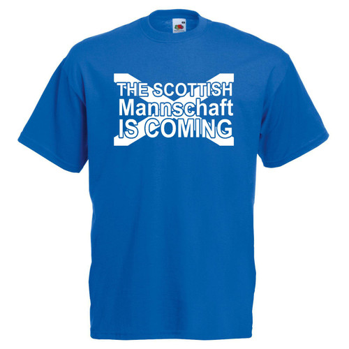Mens The Scottish Mannschaft is Coming Scotland Sports Unisex Blue T-Shirt Mens The Scottish Mannschaft is Coming Scotland Sports Unisex Blue T-Shirt