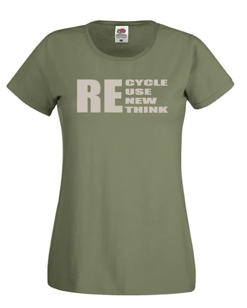 Womens Recycle Reuse Renew Rethink Waste Material Olive Green Lady Fit T-Shirt
