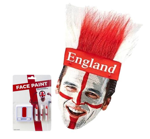 Adults England Sports Supporters Wig on Headband & Face Paint Kit St Georges Day Fancy Dress