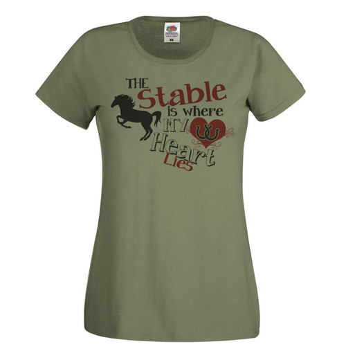 Womens The Stable Is Where My Heart Lies Horse Riding Olive Lady Fit T-Shirt
