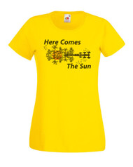 Womens Here Comes Sun Weed Mushrooms Guitar Design Yellow Lady Fit T-Shirt