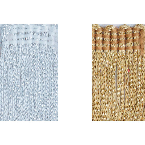 4-inch Metallic Chainette Fringe in silver and gold colors, 10-yard roll, metallic polyester blend material.
