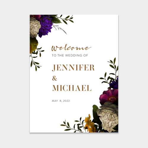 A modern and stylish garden wedding welcome sign with bold floral graphics in rich jewel tones.