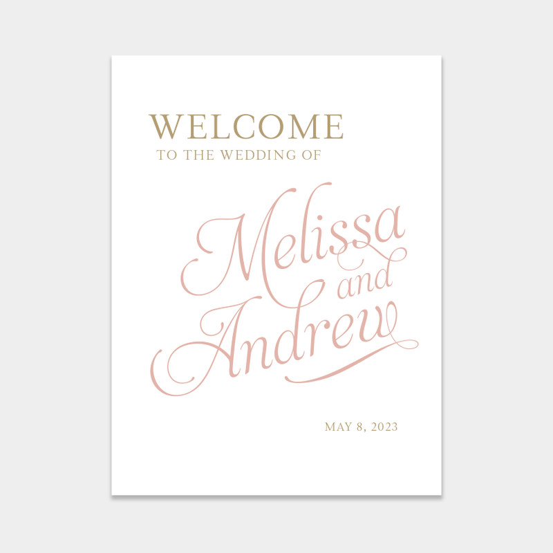 A classic and elegant wedding welcome sign with bold romantic style script font.
