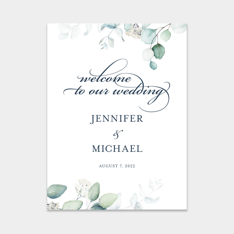 A whimsical garden wedding welcome sign design with elegant script font.