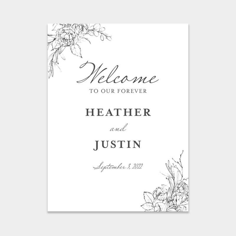 Welcome wedding sign with vintage floral illustrations.