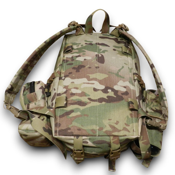 Kids hunting pack with camouflage design and padded straps.
