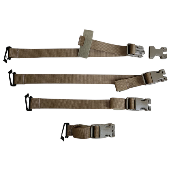 Straps are adjustable in length and include one wrap to control excess webbing.