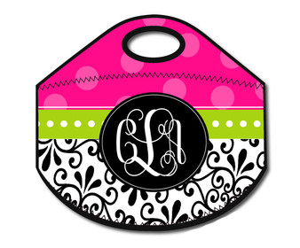 Lunch Tote- Damask Hot Pink Dot