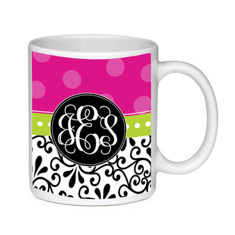 Coffee Mug-Damask and Hot Pink Dots