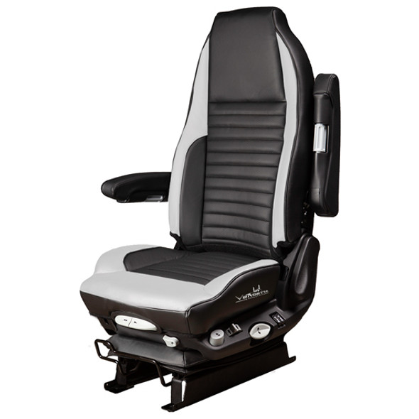 Vendetta Premium High Back Air Truck Seat With Heating-Vent, Lumbar Support, Reclining Back, Memory Position & Dual Armrests -  Black / Gray Leather