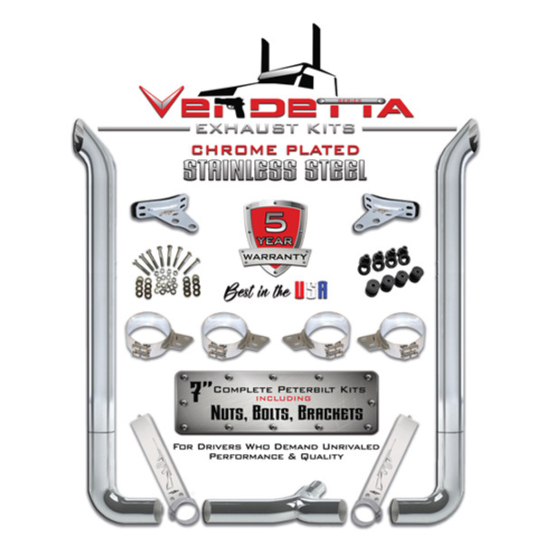 Vendetta 7 X 114 Inch Chrome Exhaust Kit W/ Miter Stacks, Long Drop Elbows, 7-5 Inch Tee