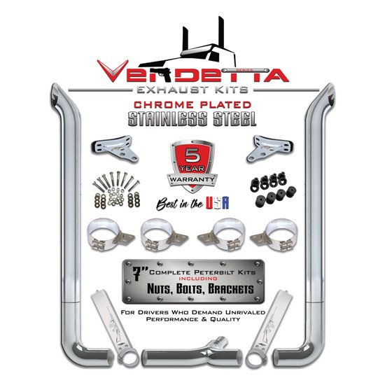 Peterbilt 378, 379, 389 7 X 96 Inch Chrome Flat Top Stack Exhaust Kit W/ Long Drop Elbows & 7-5 Inch Tee by Vendetta For Peterbilt 378, 379 & 389 Glider