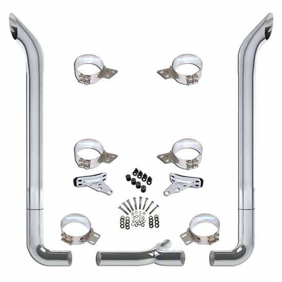 Vendetta 7 X 96 Inch Chrome Exhaust Kit W/ Bull Hauler Stacks & OE Style Elbows & 7-5 Inch Tee  For Peterbilt 378, 379 & 389 Glider