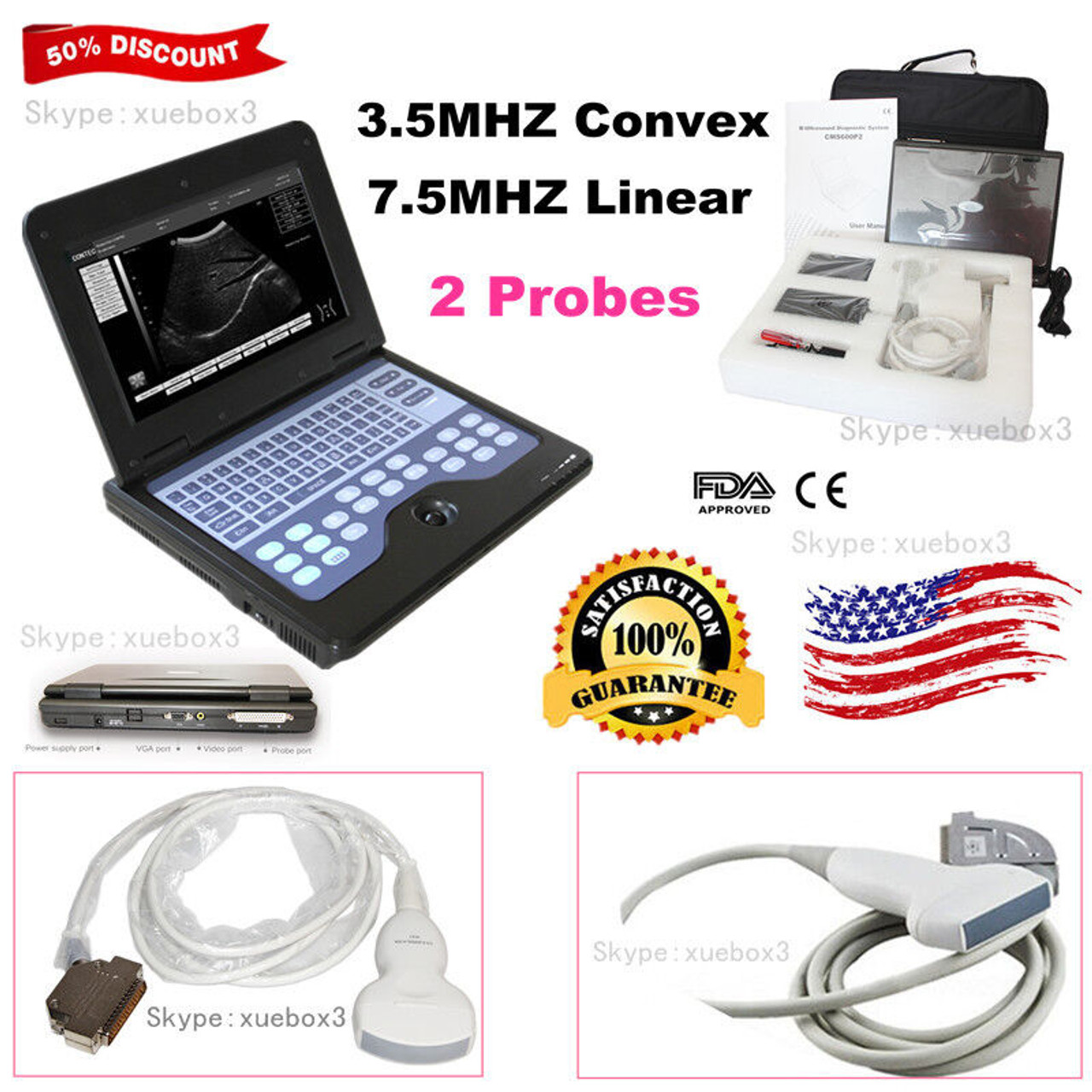 Us Seller Digital Ultrasound Scanner Convex+linear 2 Probes Laptop Machine Fda