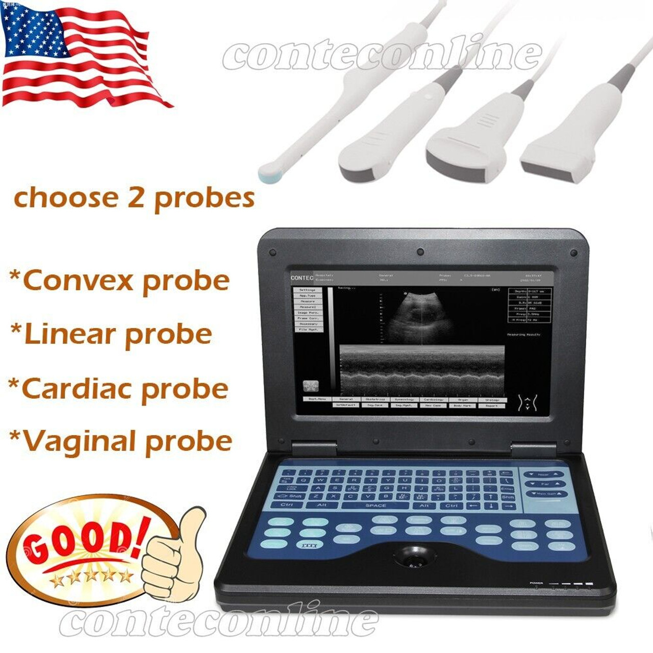 Contec CMS600P2 Portable Laptop Digital Ultrasound Scanner Machine 2 Probes