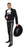 Black charro suit with a fitted jacket and high-waisted trousers

Silver botonadura (decorative metal buttons) running down the sides of the pants and on the jacket

White moño (large bow tie) at the neck

Wide embroidered belt (cinturón)

Sombrero de charro, black with silver embroidery

Pointed leather boots