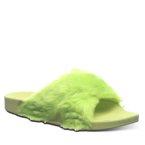 Bearpaw Lauryn Women's Faux Fur Upper Sandals - 2909W Bearpaw- 320 - Acid Lime - Profile View