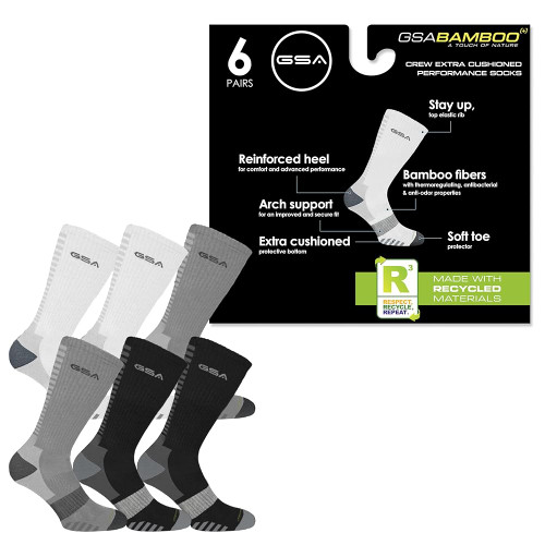 GSA Bamboo+  Crew Semi Cushioned Men's Socks - Black/White/Grey