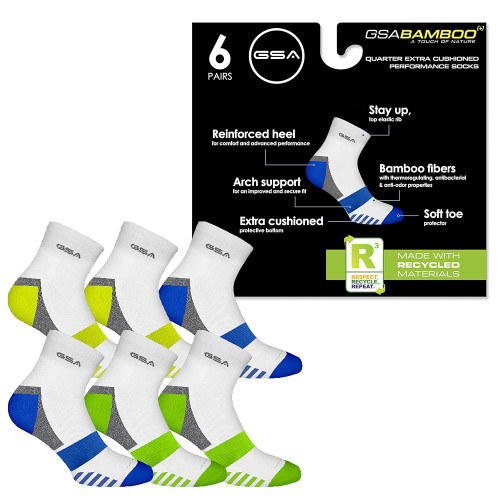 GSA Bamboo+ Quarter Half Terry Men's Socks - White/Yellow/Blue/Green