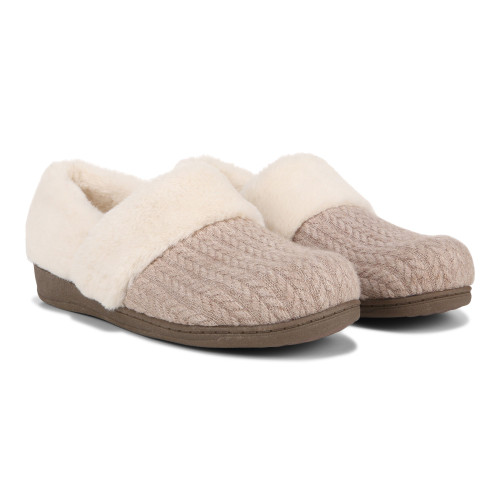 Vionic Endear Women's Cable Knit Faux Fur Trim Comfort Slipper - Wheat Braid Knit Pair