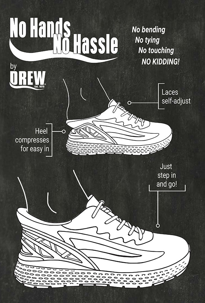 Drew No Hands No Hassle Shoes. Diagram showing laces self adjust, heel compresses for easy in, just step in and go!