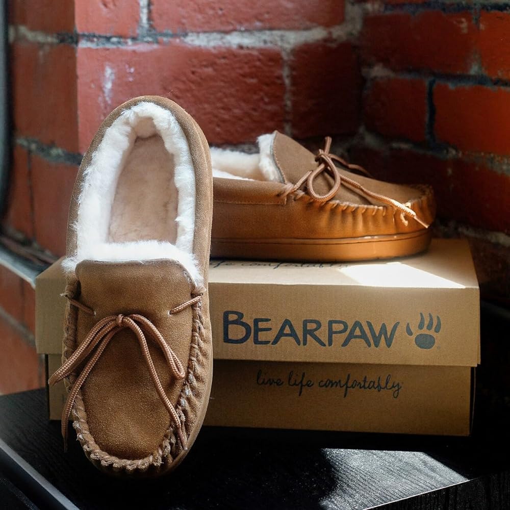 BEARPAW Men's Moc II Slippers – Full Sheepskin Lined, Lightweight & Comfortable Indoor Shoes In Multiple Colors