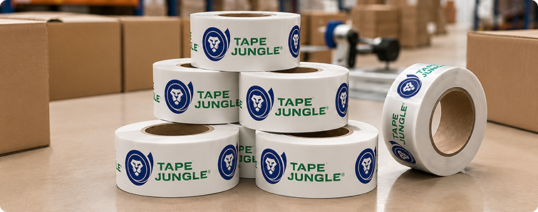Stacked Tape Jungle tape rolls on a warehouse workbench