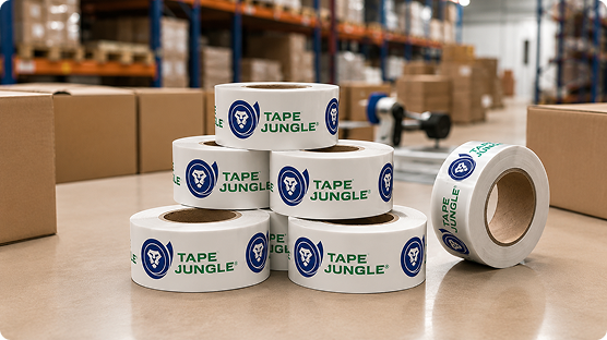 Custom Tape Jungle branded tape rolls in a warehouse